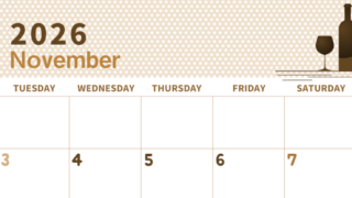 2026年11月横型レトロな月曜始まり ワインがおしゃれなイラストセピア調カレンダー(2026-00581101)