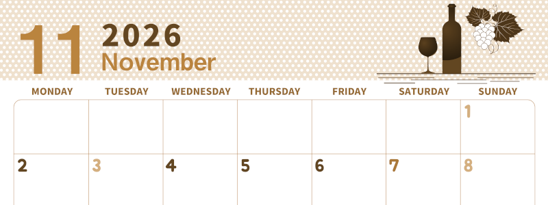 2026年11月横型レトロな月曜始まり ワインがおしゃれなイラストセピア調カレンダー(2026-00581101)