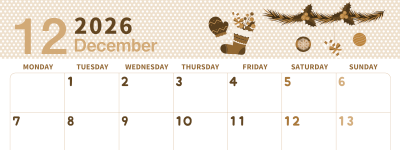 2026年12月横型レトロな月曜始まり クリスマスイラストのおしゃれA4無料セピア調カレンダー(2026-00581201)