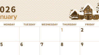 2026年1月横型レトロな日曜始まり 雪景色イラストのおしゃれA4無料セピア調カレンダー(2026-00580100)