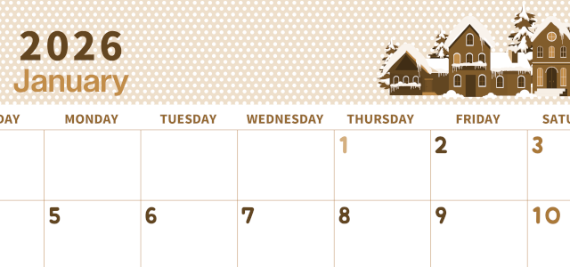 2026年1月横型レトロな日曜始まり 雪景色イラストのおしゃれA4無料セピア調カレンダー(2026-00580100)