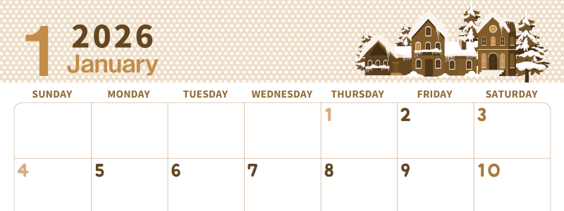 2026年1月横型レトロな日曜始まり 雪景色イラストのおしゃれA4無料セピア調カレンダー(2026-00580100)