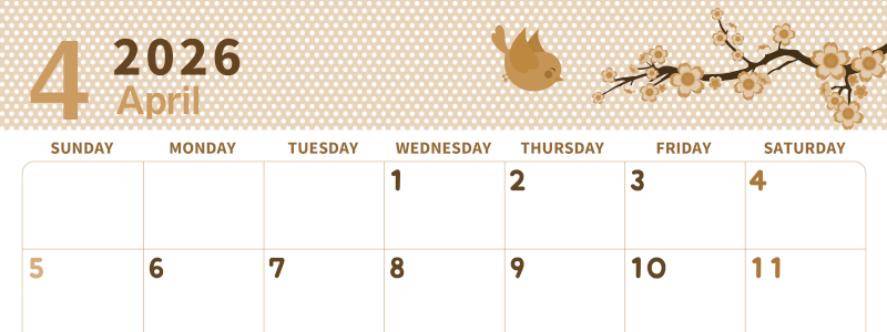 2026年4月横型レトロな日曜始まり ウグイスイラストのおしゃれA4無料セピア調カレンダー(2026-00580400)