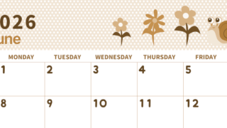 2026年6月横型レトロな日曜始まり かたつむりイラストのおしゃれA4無料セピア調カレンダー(2026-00580600)