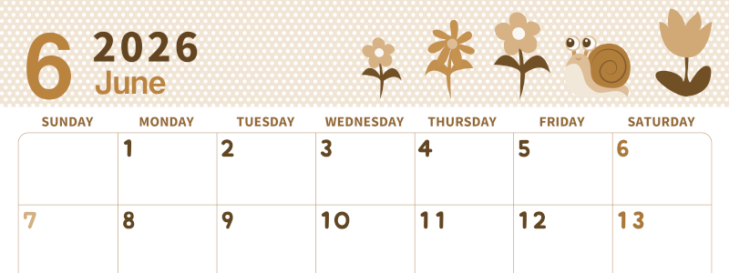 2026年6月横型レトロな日曜始まり かたつむりイラストのおしゃれA4無料セピア調カレンダー(2026-00580600)