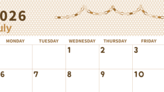 2026年7月横型レトロな日曜始まり 輪飾りイラストのおしゃれA4無料セピア調カレンダー(2026-00580700)