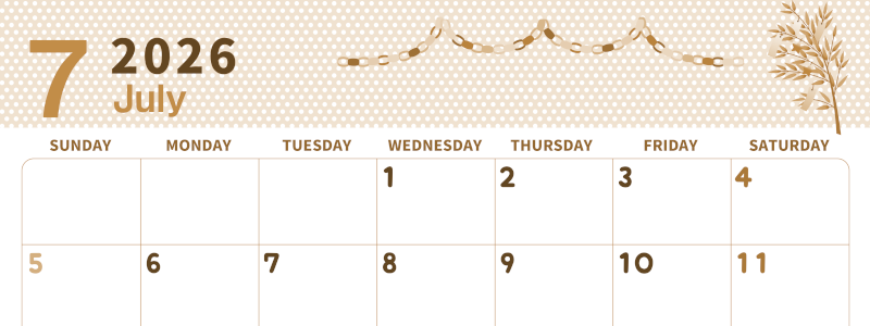 2026年7月横型レトロな日曜始まり 輪飾りイラストのおしゃれA4無料セピア調カレンダー(2026-00580700)