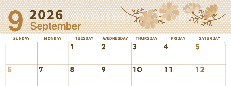 2026年9月横型レトロな日曜始まり コスモスがおしゃれなイラストセピア調カレンダー(2026-00580900)