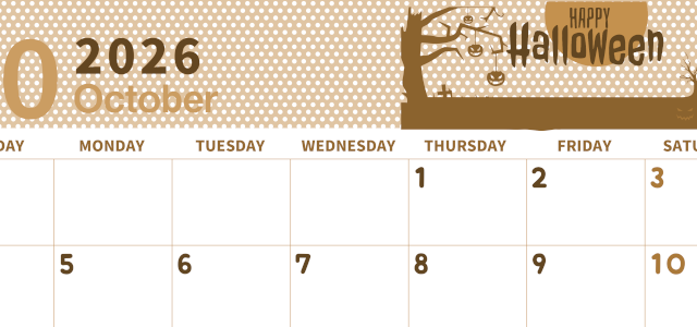 2026年10月横型レトロな日曜始まり ハロウィンイラストのおしゃれA4無料セピア調カレンダー(2026-00581000)
