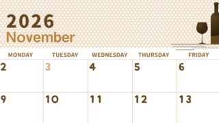 2026年11月横型レトロな日曜始まり ワインがおしゃれなイラストセピア調カレンダー(2026-00581100)