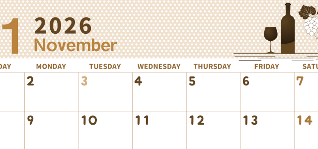 2026年11月横型レトロな日曜始まり ワインがおしゃれなイラストセピア調カレンダー(2026-00581100)