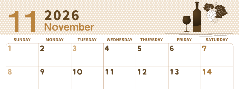 2026年11月横型レトロな日曜始まり ワインがおしゃれなイラストセピア調カレンダー(2026-00581100)