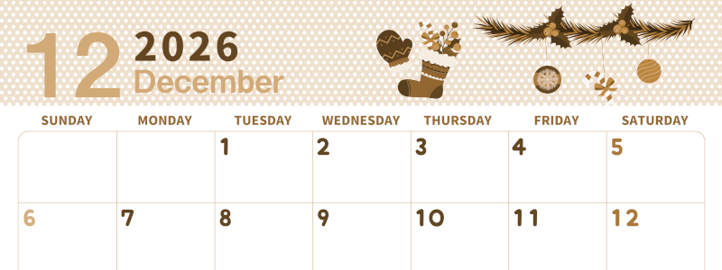 2026年12月横型レトロな日曜始まり クリスマスイラストのおしゃれA4無料セピア調カレンダー(2026-00581200)