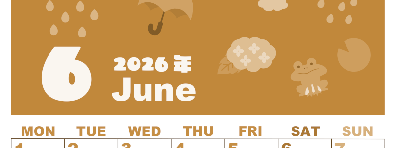 2026年6月縦型レトロな月曜始まり 雨イラストのかわいいA4無料セピア調カレンダー(2026-00590611)