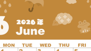 2026年6月縦型レトロな日曜始まり 雨イラストのかわいいA4無料セピア調カレンダー(2026-00590610)