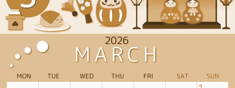 2026年3月縦型レトロな月曜始まり 桜花弁イラストのかわいいA4無料セピア調カレンダー(2026-00600311)