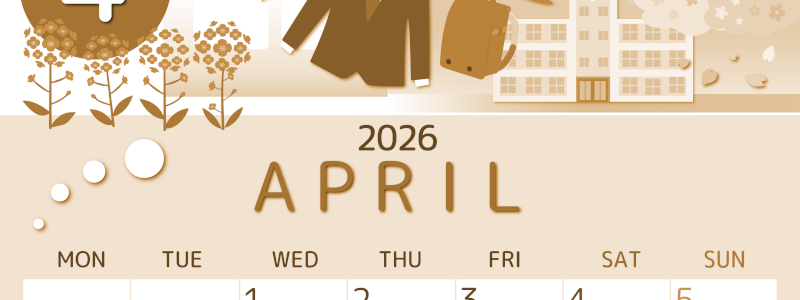 2026年4月縦型レトロな月曜始まり 入学式イラストのかわいいA4無料セピア調カレンダー(2026-00600411)