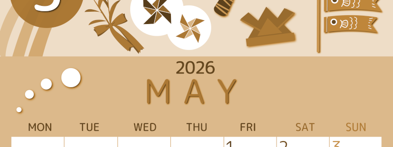 2026年5月縦型レトロな月曜始まり イベントイラストのかわいいA4無料セピア調カレンダー(2026-00600511)