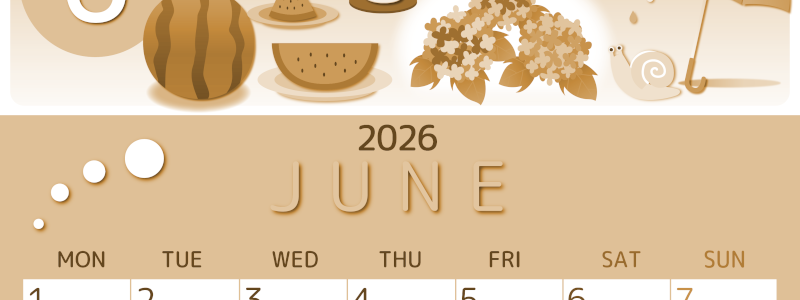 2026年6月縦型レトロな月曜始まり すいかイラストのかわいいA4無料セピア調カレンダー(2026-00600611)