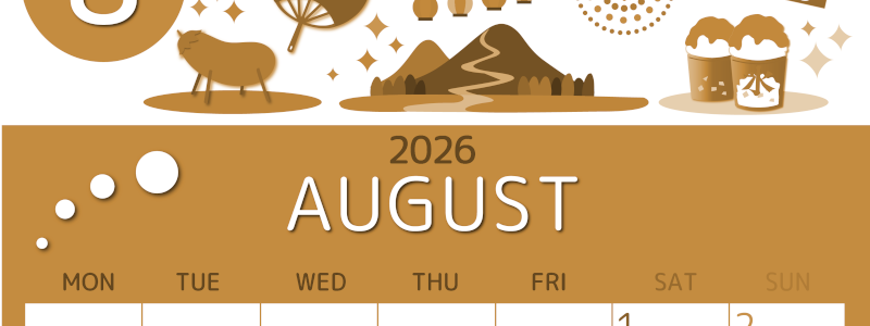 2026年8月縦型レトロな月曜始まり 夏祭りイラストのかわいいA4無料セピア調カレンダー(2026-00600811)