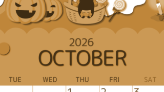 2026年10月縦型レトロな月曜始まり 行事イラストのかわいいA4無料セピア調カレンダー(2026-00601011)