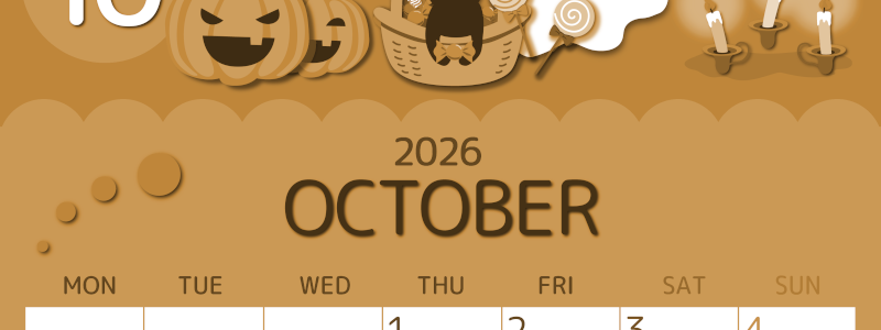 2026年10月縦型レトロな月曜始まり 行事イラストのかわいいA4無料セピア調カレンダー(2026-00601011)