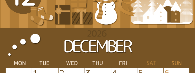 2026年12月縦型レトロな月曜始まり 雪だるまイラストのかわいいA4無料セピア調カレンダー(2026-00601211)