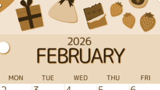 2026年2月縦型レトロな日曜始まり プレゼントがかわいいイラストA4無料セピア調カレンダー(2026-00600210)