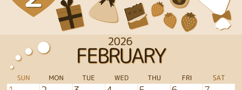 2026年2月縦型レトロな日曜始まり プレゼントがかわいいイラストA4無料セピア調カレンダー(2026-00600210)