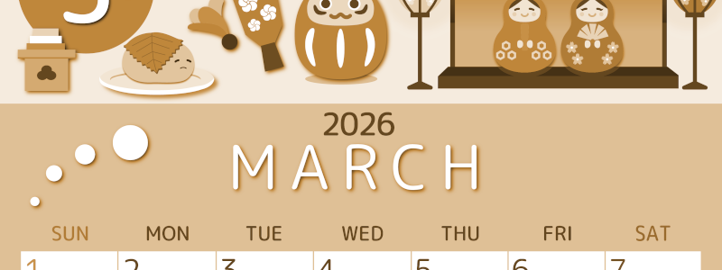 2026年3月縦型レトロな日曜始まり 桜花弁イラストのかわいいA4無料セピア調カレンダー(2026-00600310)