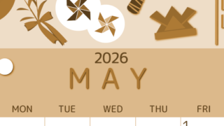 2026年5月縦型レトロな日曜始まり イベントイラストのかわいいA4無料セピア調カレンダー(2026-00600510)