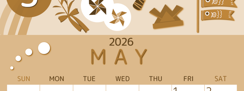 2026年5月縦型レトロな日曜始まり イベントイラストのかわいいA4無料セピア調カレンダー(2026-00600510)