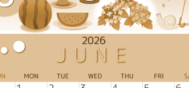 2026年6月縦型レトロな日曜始まり すいかイラストのかわいいA4無料セピア調カレンダー(2026-00600610)