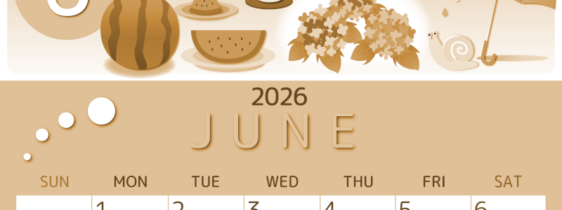 2026年6月縦型レトロな日曜始まり すいかイラストのかわいいA4無料セピア調カレンダー(2026-00600610)