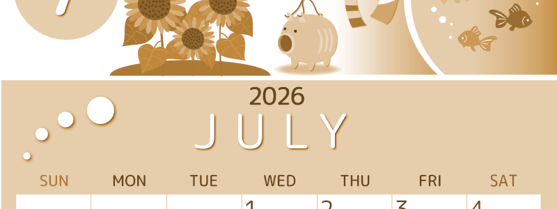 2026年7月縦型レトロな日曜始まり 蚊取り線香イラストのかわいいA4無料セピア調カレンダー(2026-00600710)