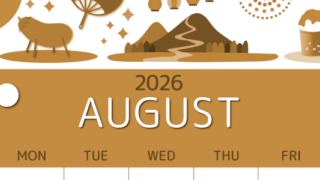 2026年8月縦型レトロな日曜始まり 夏祭りイラストのかわいいA4無料セピア調カレンダー(2026-00600810)