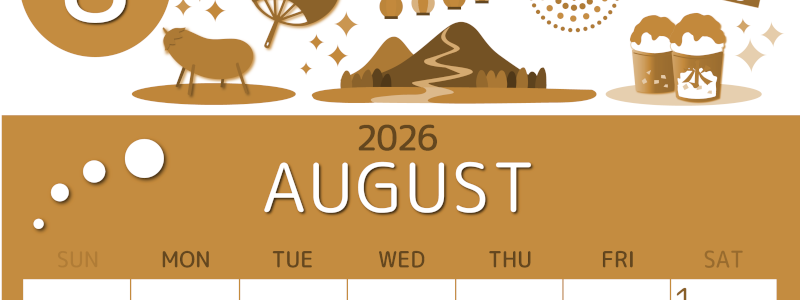 2026年8月縦型レトロな日曜始まり 夏祭りイラストのかわいいA4無料セピア調カレンダー(2026-00600810)