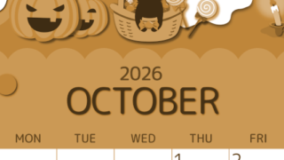 2026年10月縦型レトロな日曜始まり 行事イラストのかわいいA4無料セピア調カレンダー(2026-00601010)