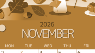 2026年11月縦型レトロな日曜始まり きのこイラストのかわいいA4無料セピア調カレンダー(2026-00601110)