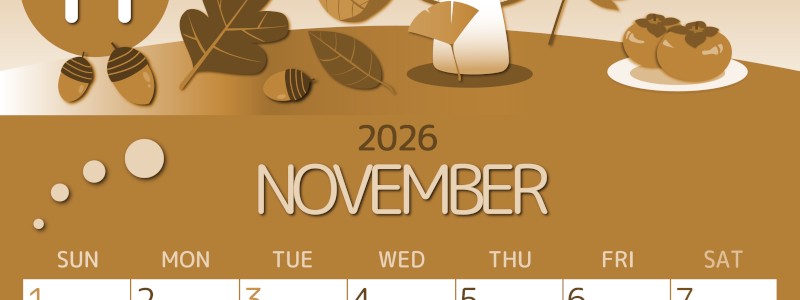 2026年11月縦型レトロな日曜始まり きのこイラストのかわいいA4無料セピア調カレンダー(2026-00601110)