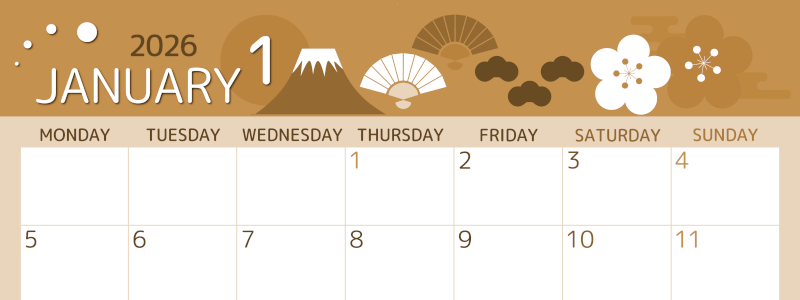 2026年1月横型レトロな月曜始まり 和風な元旦イラストのかわいいA4無料セピア調カレンダー(2026-00600101)