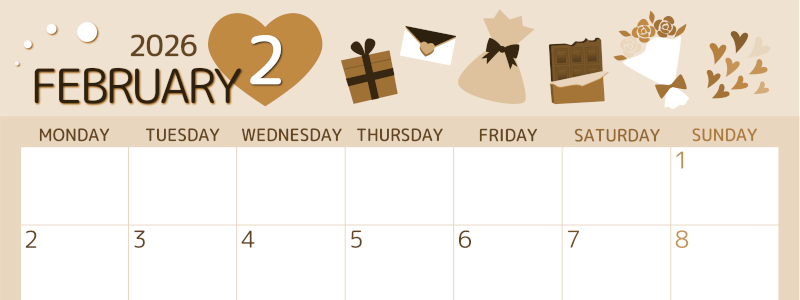 2026年2月横型レトロな月曜始まり プレゼントがかわいいイラストA4無料セピア調カレンダー(2026-00600201)