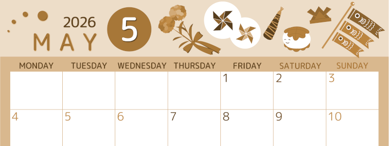 2026年5月横型レトロな月曜始まり イベントイラストのかわいいA4無料セピア調カレンダー(2026-00600501)