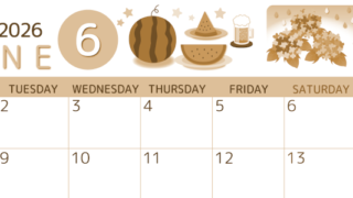 2026年6月横型レトロな月曜始まり すいかイラストのかわいいA4無料セピア調カレンダー(2026-00600601)