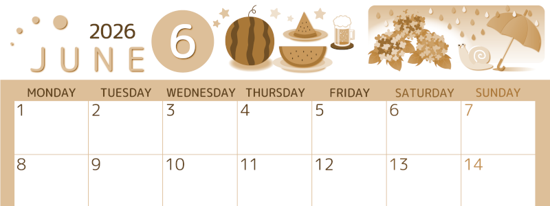 2026年6月横型レトロな月曜始まり すいかイラストのかわいいA4無料セピア調カレンダー(2026-00600601)