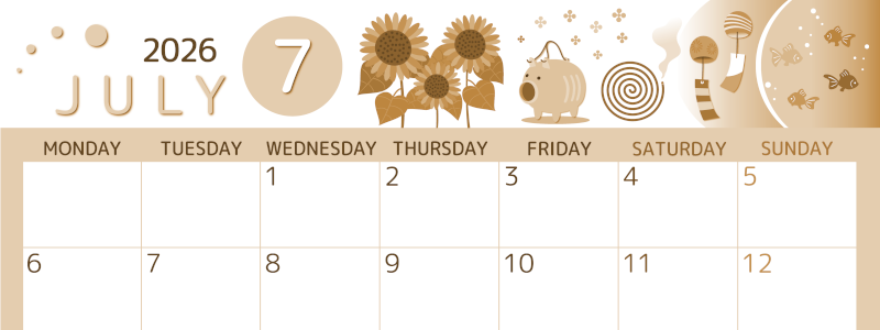 2026年7月横型レトロな月曜始まり 蚊取り線香イラストのかわいいA4無料セピア調カレンダー(2026-00600701)