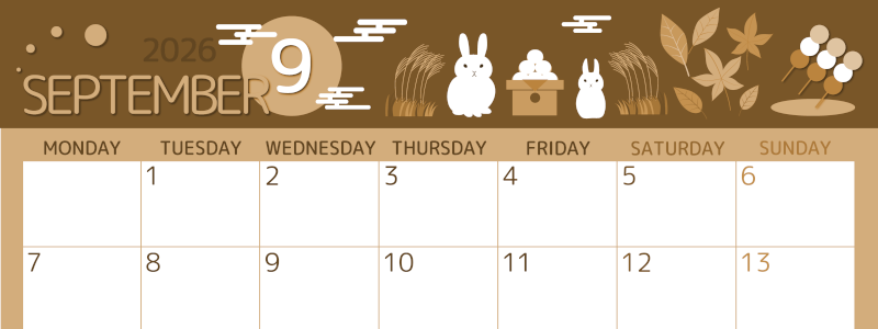 2026年9月横型レトロな月曜始まり 十五夜イラストのかわいいA4無料セピア調カレンダー(2026-00600901)