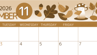 2026年11月横型レトロな月曜始まり きのこイラストのかわいいA4無料セピア調カレンダー(2026-00601101)