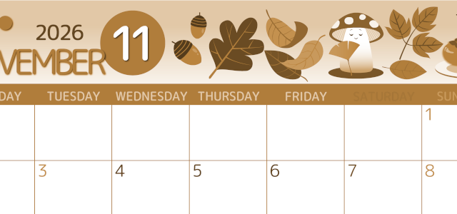 2026年11月横型レトロな月曜始まり きのこイラストのかわいいA4無料セピア調カレンダー(2026-00601101)