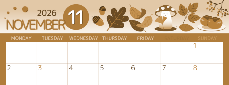 2026年11月横型レトロな月曜始まり きのこイラストのかわいいA4無料セピア調カレンダー(2026-00601101)